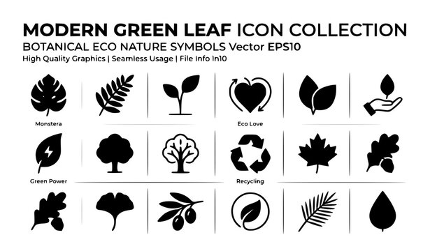 Design an original vector collection of 32 ecology leaf icons isolated on a solid white background. Arrange the icons in alternating rows with varied sizes and botanical shapes for a distinctive compo