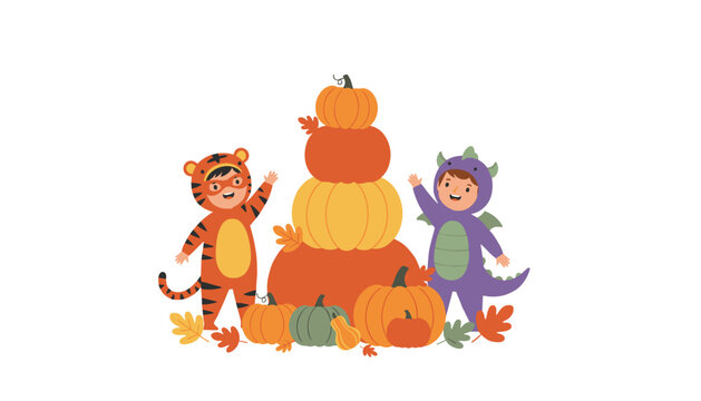 Two children wearing tiger and dragon costumes standing beside a decorative large stack of pumpkins in a festive happy autumn season scene.