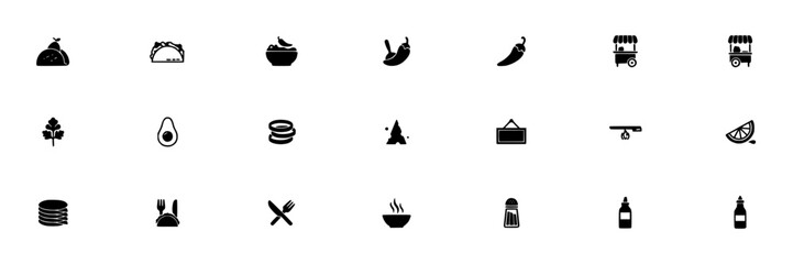 Obraz premium Icons of Various Food Items and Cooking Utensils in a Set of 20 Black and White Illustrations Featuring Illustration, Vector