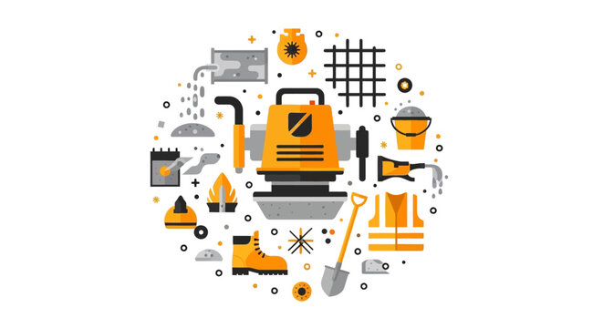 Construction Equipment and Roadwork Vector Icons Set with Tamping Rammer and Safety Gear