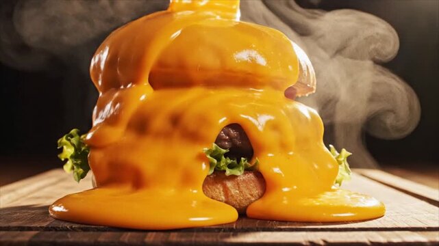 A steaming hot stack of buns smothered in cheese sauce sits on a wooden table with lettuce and meat visible underneath.
