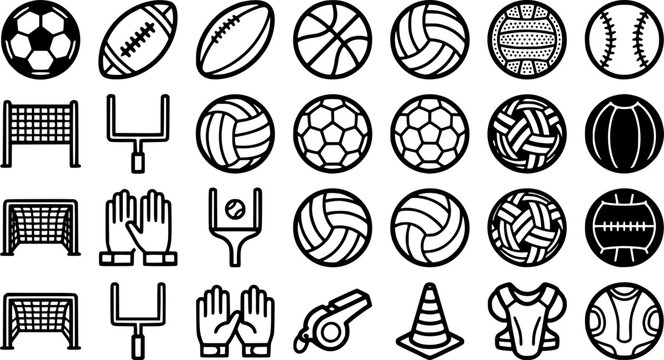 Ball Sports Equipment Bold Line Icons-Soccer Football Rugby Basketball Volleyball Water Polo Netball Handball Sepak Takraw Medicine Ball-25 Ball Equipment Icon Set Vector