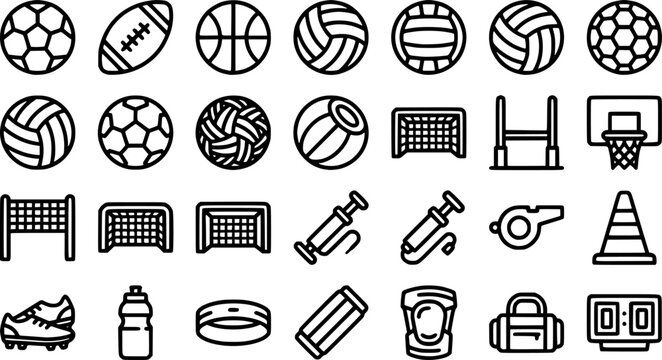Ball Sports Equipment Bold Line Icons-Soccer Football Rugby Basketball Volleyball Water Polo Netball Handball Sepak Takraw Medicine Ball-25 Ball Equipment Icon Set Vector