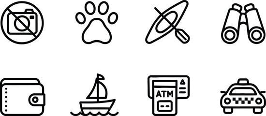 Fototapeta premium Vector illustration collection of outline icons for transport navigation and money management with boat car wallet binoculars and camera.