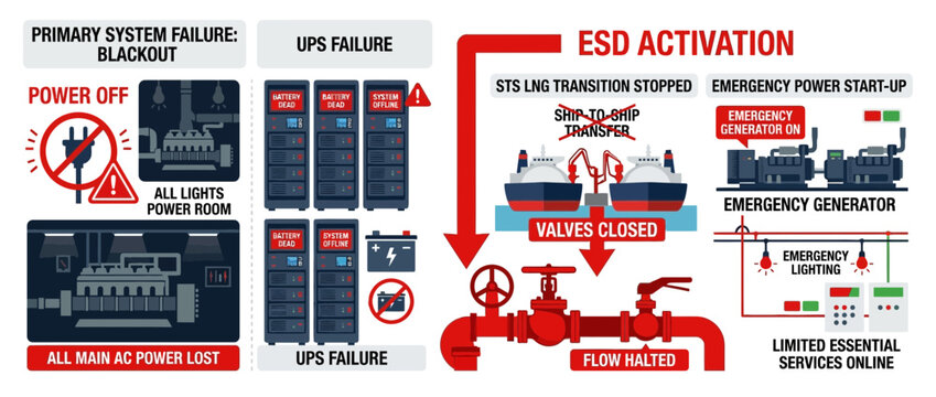 Emergency Shutdown System Activation: Blackout, UPS Failure, Generator Power, Flow Halt
