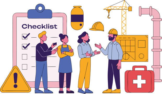 Construction Safety Inspection Team Flat Vector Illustration with Workplace Checklist