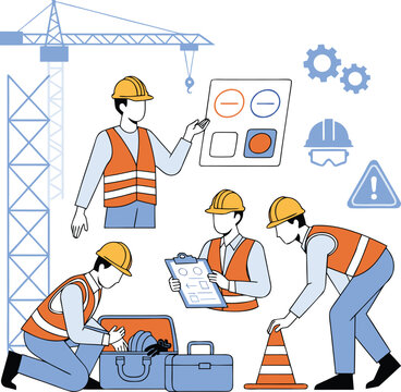 Construction Safety Inspection Team Flat Vector Illustration with Workplace Checklist