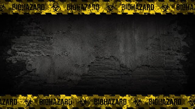 Looping Industrial Biohazard Tape Border Animation with Distressed Hazard Pattern on Concrete Wall Background 4K 60 fps