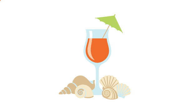 Refreshing tropical cocktail in a glass with a small green umbrella and assorted seashells arranged on a white beach surface for vacation.