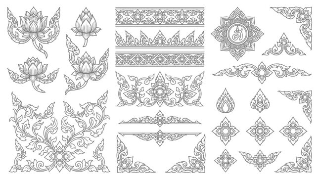 Intricate Thai Floral and Swirl Ornamentation Collection.