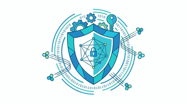 A blue shield with a lock and network connections surrounded by gears and binary code
