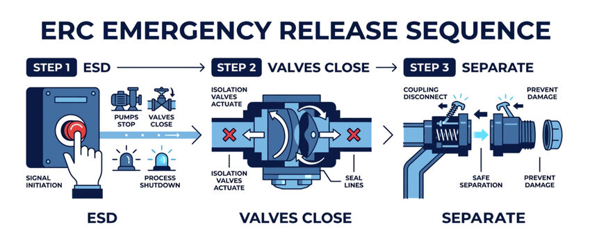 Emergency Release Sequence: ESD Button, Valves Close, Coupling Separation