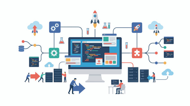 A computer monitor displays coding and web development process with people working together