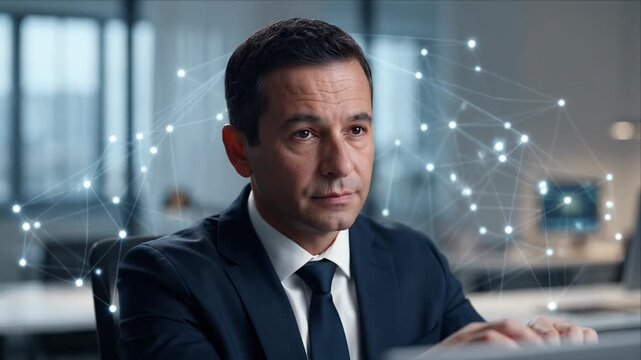 Businessman office digital transformation, thoughtful man suit with network connections modern office, middle aged man suit office digital transformation network technology, man suit tie office