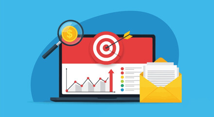 Obraz premium Data analysis and cyber security monitoring concept illustration featuring a laptop screen with financial graph and target symbol alongside email document icon.
