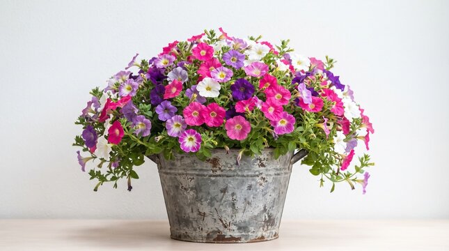 Vibrant multicolored petunia flowers in rustic l bucket studio