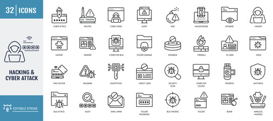 Hacking and Cyber attack icon set. including Virus, Fraud, Malware Bug, Threat, Theft, Data Phishing, Hacker, Criminal, Thief, and more. outline icon set. vector illustration with editable stroke © Control New