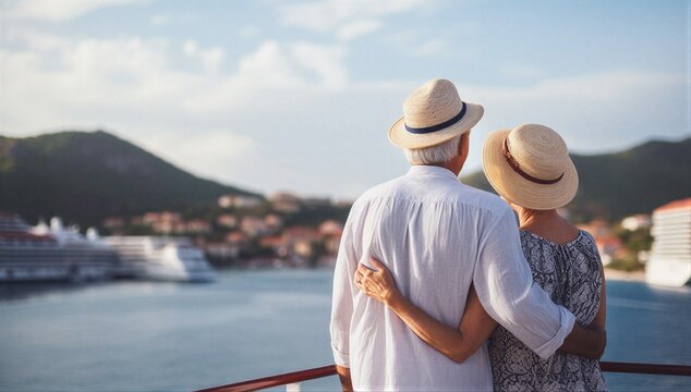 Senior couple embracing on cruise deck and viewing a coastal harbor, symbolizing romance, retirement travel, and relaxing ocean adventure.