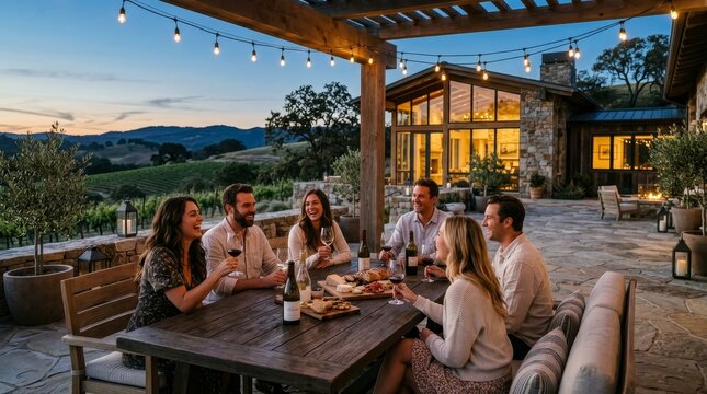 Friends toast and talk during outdoor dinner under string lights at sunset.