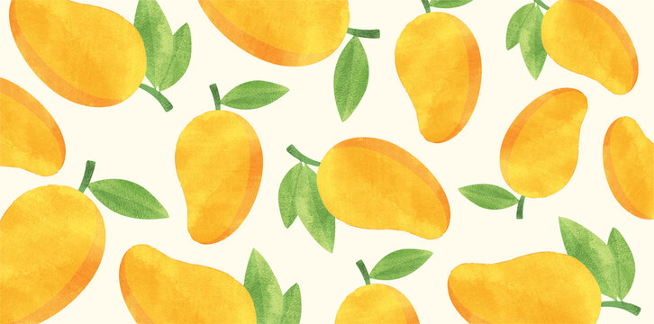 watercolor yellow mango fruit with green leaves seamless pattern