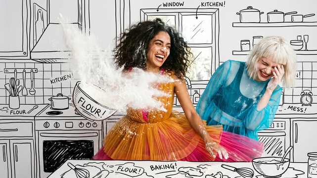 Two Laughing Women Splashing White Flour from Bowl Inside Interactive Doodle Sketch Kitchen