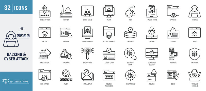 Hacking and Cyber attack icon set. including Virus, Fraud, Malware Bug, Threat, Theft, Data Phishing, Hacker, Criminal, Thief, and more. outline icon set. vector illustration with editable stroke