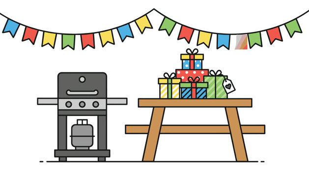 Gas grill standing next to a wooden picnic table stacked with various birthday gifts under a festive string of colorful triangular bunting flags.