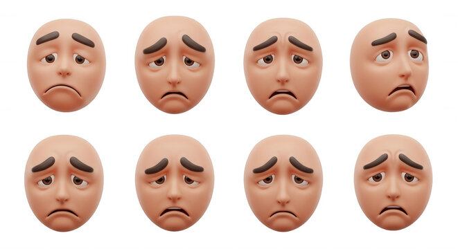 3d rendered sad human face expressions in various angles isolated on white background emotional illustration