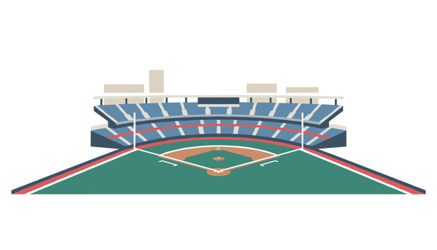 Wide view of an empty baseball stadium field with green turf, dirt base paths, and blue seating tiers under a clear sky in this sports venue.