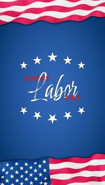 The wavey flag of the USA framing a dark blue surface and the text "Happy Labor Day"