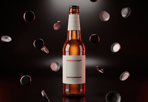 Beer Bottle Labels Mockup with Floating Caps
