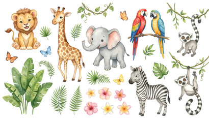 Fototapeta premium Untitled design - Cute Watercolor Safari Animals PNG Set for Children's Nursery Wallpaper Illustration