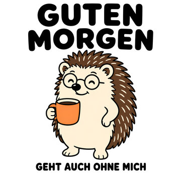 Igel h&auml;lt eine Kaffeetasse in der Hand mit lustigem Spruch f&uuml;r einen gem&uuml;tlichen Morgen generative AI