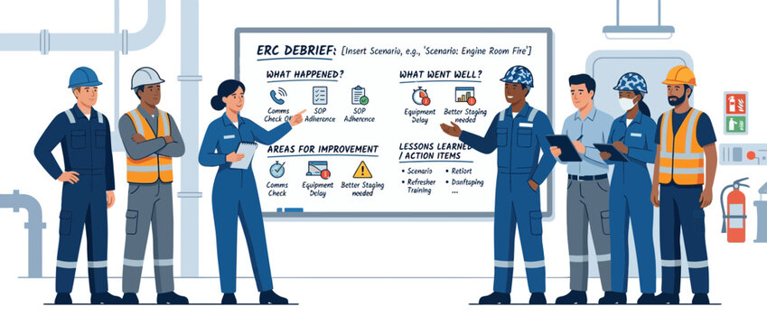 Diverse industrial team meeting for project debriefing and improvement planning at a factory.