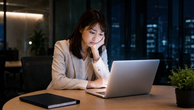 Businesswoman looking troubled while looking at a laptop in a modern office at night.　夜のモダンなオフィスでノートパソコンを見ながら悩む女性ビジネスパーソン。