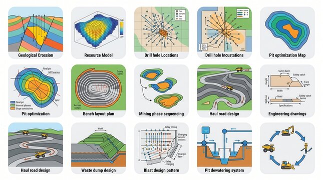 Displays various diagrams detailing open pit mine planning, design, and operational stages