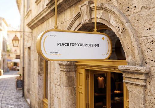 Hanging Sign on Street Store Front Mockup