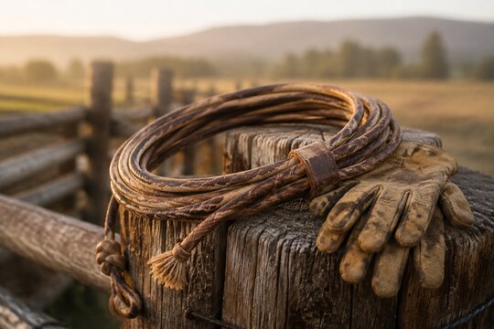 Coiled leather lasso and work gloves on weathered wooden fence post.