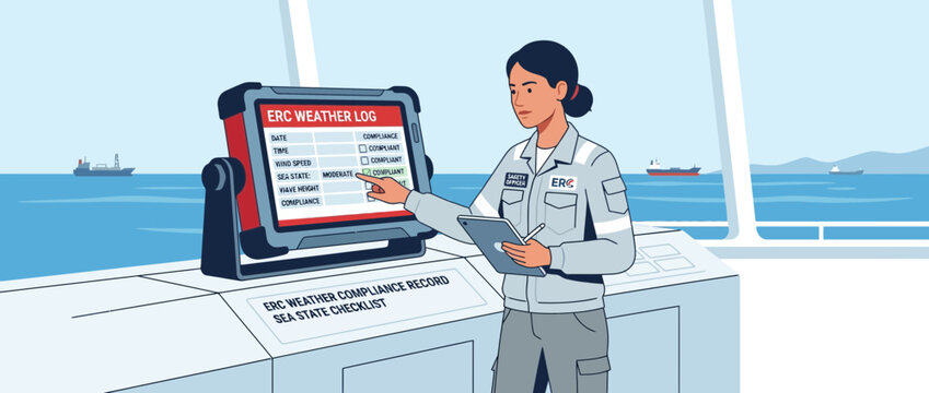 Female maritime officer logs weather data on ship bridge display, ocean backdrop