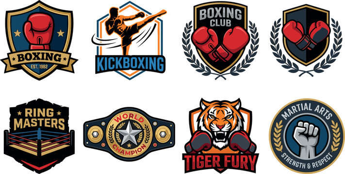 Combat Sports and Martial Arts Emblem Logo Set Featuring Boxing Gloves Kickboxing Fighter Ring Championship Belt and Tiger Mascot Vector Graphic