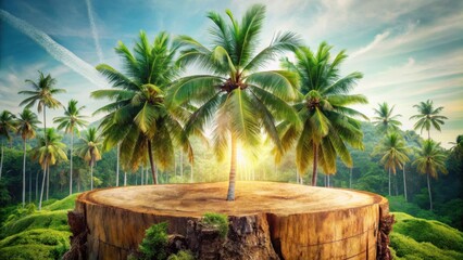 Fototapeta premium Tranquil Paradise A Lush Tropical Landscape Featuring a Majestic Palm Tree Centered on a Weathered Wooden Stump