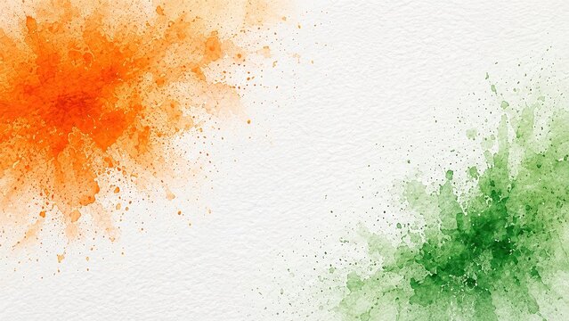 Vibrant watercolor splashes in orange and green representing the indian flag on textured white paper, perfect for independence day.