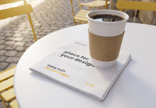 Napking Design Logo Mockup with Coffee on Street Bar Table
