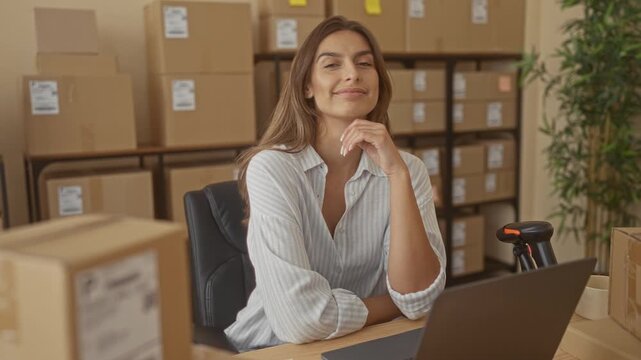 Woman resting chin on hand at desk with laptop and shipping boxes in a small business building; confidence entrepreneurship.