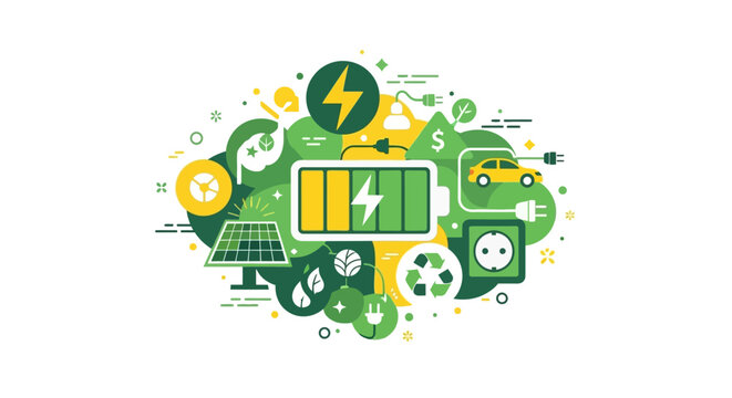 Renewable Energy and Sustainability Concept Illustration with Battery Storage, Solar Panels, and Electric Vehicle for Green Technology and Eco-Friendly Solutions