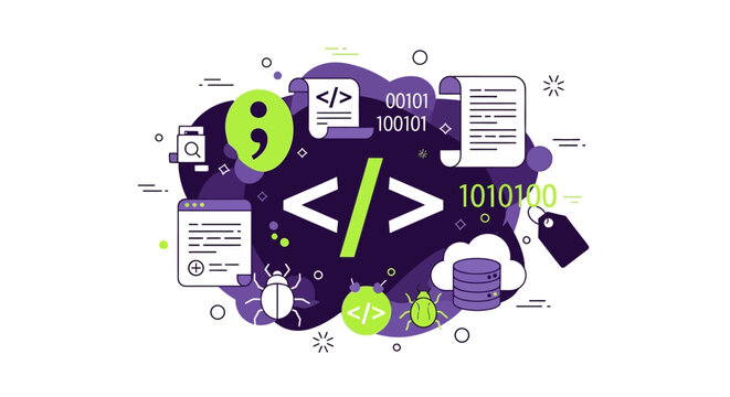 Modern Software Development and Coding Illustration with Programming Icons, Web Development, Debugging, Cloud Computing, and Binary Data Symbols