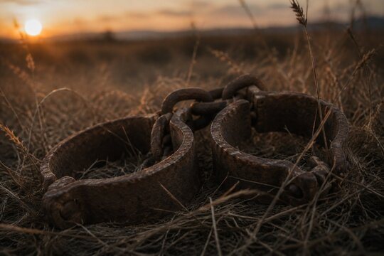 Heavy rusted iron shackles discarded in overgrown dry grass at sunset.