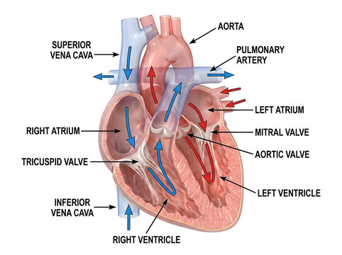 Human heart with blood flow arrows demonstrating circulation pathway diagram.