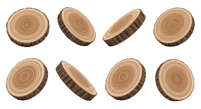 set of eight 3d rendered tree trunk slices on a white backdrop for decor or craft projects