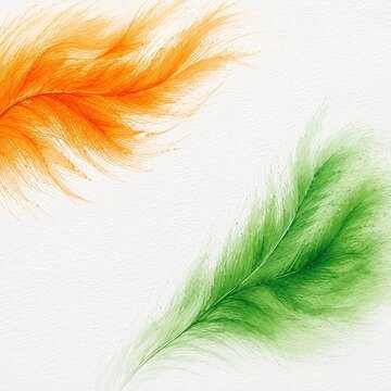 Vibrant watercolor feather strokes in orange and green on a white background, representing indian flag colors for independence day.